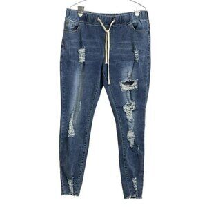 Women‎  drawstring waist ripped raw cut skinny  blue color jean size plus 2XL